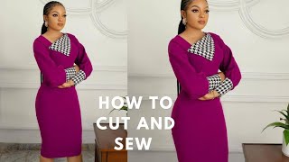 HOW to cut and sew a gown with collar/ lapel,  wing collar neckline dress CUTTING AND SEWING