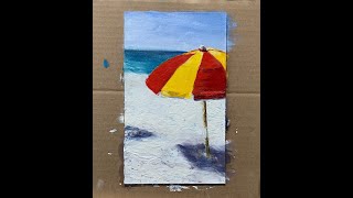 ASMR: Plein Air Oil Painting Time Lapse of a Red & Gold Beach Umbrella