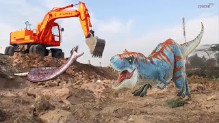 Máy Xúc Múc Đất Và Con Khủng Long Vằn Đỏ | Excavator and Dinosaur