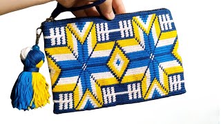 Косметичка, клатч, мини-сумка крючком. Жаккард крючком. Tapestry crochet, Wayuu mochila bag crochet