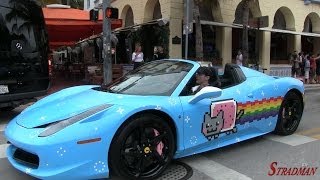 deadmau5 driving his Nyan Cat Purrari 458 Spider ft. SLR McLaren 722S CRASHING into a curb!