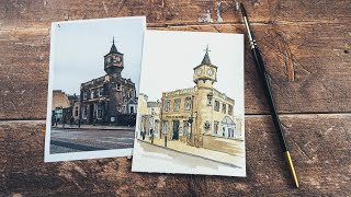 Line and Wash | Painting a Building with a Clock Tower