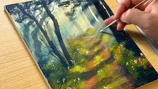 How to Paint the Morning Forest Path / Acrylic Painting for Beginners