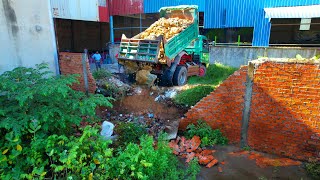 Nicely first starting a new project! Landfill By Dump Truck 5Ton And Komatsu D20P-8 Pushing Soil