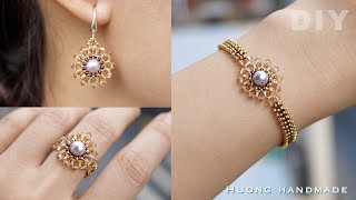 Lavish jewelry set. How to make beaded jewelry. Earrings, bracelet & ring. Beading tutorial