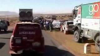 John Goldie driving a MAN 8x8 race truck through Morocco to the start of a stage in the Dakar Rally