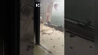 A balcony window shattered and plunged from an apartment building as Typhoon Yagi battered Hainan.