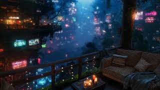 🎵 Rainy Night Serenade: Lush Cyberpunk City Balcony  | Rain and Ambient Music | 4K | 10 hours