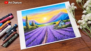 Purple Flower Field Scenery Drawing with Oil Pastel - for Beginners - Step by Step