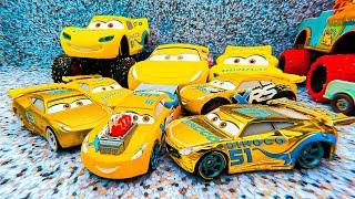 Disney Pixar Cars falling into deep pool, Lightning McQueen, Tow Mater, Mack, Sally, Francesco