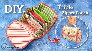 DIY TRIPLE ZIPPER POUCH BAG 💖 Step by Step Tutorial for Travel Organizer Bag