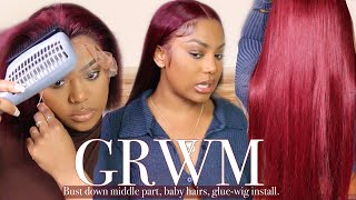 FLAWLESS FLAT STRAIGHT MIDDLE PART BURGUNDY BOMBSHELL HD LACE FRONTAL WIG INSTALL! ft. Klaiyi Hair