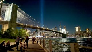 September 11 Tribute in Light Testing & Walking Brooklyn Bridge Park at Night