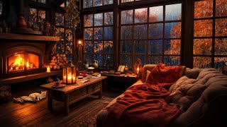 Rainy Autumn Day with Crackling Fireplace in a Cozy Hut Ambience - Relax, Sleep or Study