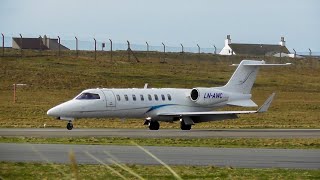 AirWing LearJet 45 Crosswind Landing and Departure at Sumburgh (with ATC) (HD)