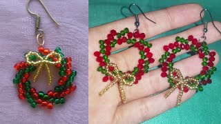 How to make christmas Wreath beaded earrings- simple & easy😍-طريقة عمل اقراط / حلقات الكريسماس