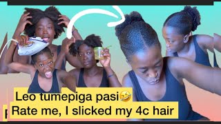 Slicked stubborn natural 4c hair / Tumeipiga pasi NYWELE yangu ASILI 🤣