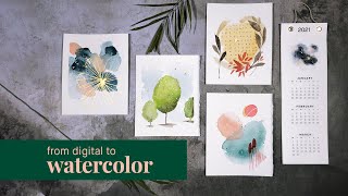 from digital to watercolors with doodles and gold