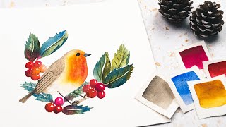 Paint with me! Robin and Holly Watercolour Illustration for Christmas!