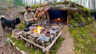 Building a WOOD and ROCK SHELTER for 3 Days SURVIVAL. Fireplace, Quail Cooking. BUSHCRAFT Camping