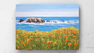 Oil Pastel Painting 油画棒 - Poppy Flowers by the Sea | easy drawing