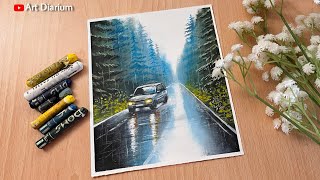 Rainy Season Scenery Drawing with Oil Pastel |Step-byStep Tutorial