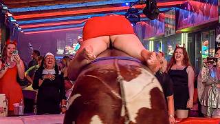 WATCH THIS! 😱 Pretty Girl EPIC FAIL on a Mechanical Bull in Benidorm! Spain 4K 2024