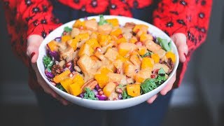 Healthy Vegan Kale Salad with Butternut Squash, Pomegranate, & Maple-Tahini Dressing | WFPB RECIPE