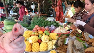 Cambodian Countryside Food Market Tour /  People Activities & Food Market Scenes In Cambodia.