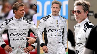 Brad Pitt arrives as fictional racecar driver Sonny Hayes at British F1 Grand Prix at Silverstone