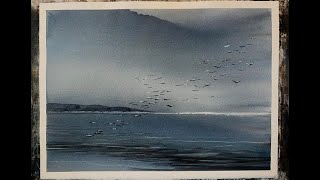 Simple evening light watercolour seascape, watercolor landscape tutorial hake brush, loose painting