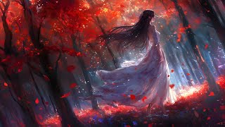 Fantasy medieval music, a girl in a maple forest, suitable for work, leisure, and sleep