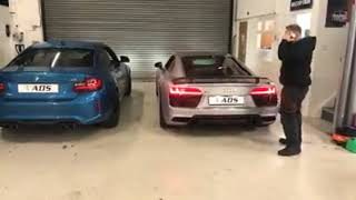 BMW M2 vs Audi R8 V10 plus with custom stage 2 pops and bangs software and Brooke race exhaust ! !