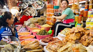 Kompot, Cambodia- a popular Seafood market at Countryside, fresh Blue Crab, squid, seaweed, pickled