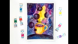 Watercolor Galaxy Painting Tutorial - How To Paint "Cup and Planets" Illustration