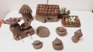 DIY How to make polymer miniature clay  house, kitchen set, waterwell, village ,tree।