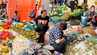 Grand Morning Market in Phnom Penh, Cambodia: rush to buy Seafood, Vegetables, Chicken, Fish & more