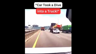 "When a car takes a dive into a truck's embrace! A wild twist__Stay alert out there!"