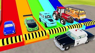 Flatbed Trailer Cars Transportation with Truck - Speedbumps vs Cars vs Train - BeamNG.Drive