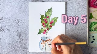 Day 5 | Berries & Holly Leaves | Easy Watercolor Christmas Cards For Beginners