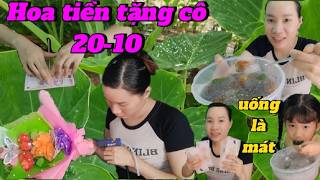 Lễ 20 tháng 10 trang tự làm hoa tặng cô giáo bé hân, 2 mẹ con tự thưởng sương sa hạt lựu thanh mát