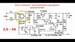 Блок питания с регулируемым выходным напряжением 0 - 24V  с макс. током нагрузки 2A и защитой от КЗ