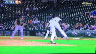 RYON HEALY hits Jeff Ferrell in head with line drive Oakland Athletics vs Detroit Tigers 9-18-7