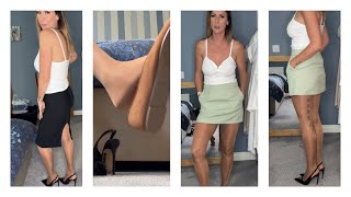 Secretary Role Play Outfit Try On Pantyhose Mini Skirt and Pencil Skirt 4K Try On