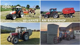 Heuernte am Bauernhof | Mähen, Zetten, Schwaden, Rundballenpressen | Case Steyr Manitou Pöttinger