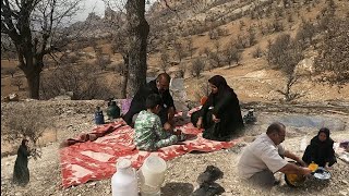 Village family picnic in the mountains