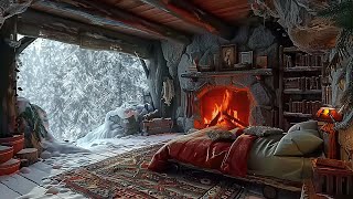 Sleep Overnight in a Cave on a Big Snowstorm Night | Warm and Relaxing Fireplace | ASMR Sleep Better