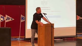 Director Matt Hixson addresses Hawkins teachers during annual Back to School faculty assembly