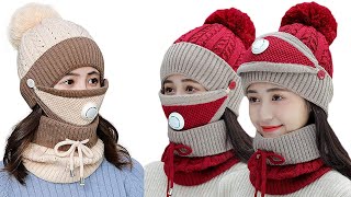 3 in 1 Warm Thick Knitted Beanie Hat Scarf and Mask Set Slouchy Snow Knit Scarves for Women