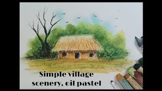 Village hut, easy oil pastel painting for beginners